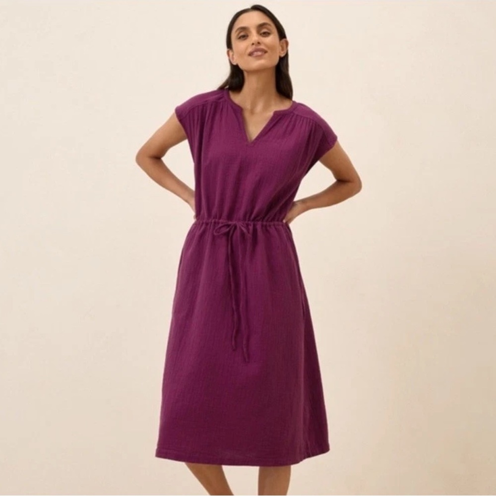 Pact Coastal Double Gauze Tie Waist Midi Dress Size Small in Sangria Cotton